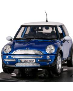 Macheta auto Mini Cooper 2001 albastru cu alb 1:18