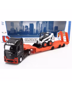 Macheta camion Mercedes-Benz Actros 2 Gigaspace Transport Bobcat Front Loader 2016 negru portocaliu 1:43 Burago