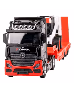 Macheta camion Mercedes-Benz Actros 2 Gigaspace Transport Bobcat Front Loader 2016 negru portocaliu 1:43 Burago