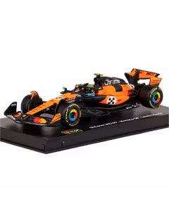 Macheta Formula 1 McLaren MCL39 Team McLaren No.4 World Champion Winner Monaco GP 2025 Lando Norris Orange Black cu Pilot si Vitrina 1:43 Burago