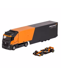 Macheta Mercedes-Benz Actros 2 GigaSpace Transportor Auto cu McLaren MCL38 No.4 Season 2024 Lando Norris Black Orange 1:43 Burago