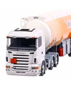 Scania R-serie Lowline 2010, macheta camion cisterna, scara 1:50, alb cu portocaliu, Tekno