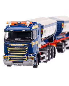 Scania R-Streamline 2009, macheta camion cu 3 axe si remorca cu 2 axe, scara 1:50, alb cu albastru, Tekno