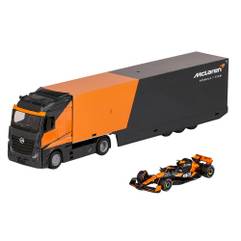 Macheta Mercedes-Benz Actros 2 GigaSpace Transportor Auto cu McLaren MCL38 No.4 Season 2024 Lando Norris Black Orange 1:43 Burago