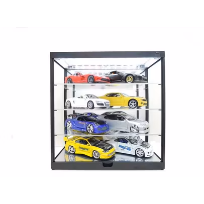 Vitrina neagra LED cu 4 rafturi pt expunere machete 1:18