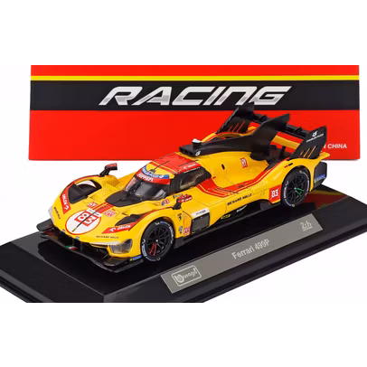 Macheta Ferrari 499P No50 - 24h Le Mans 2024 - 1:43 Bburago - vedere 3/4 stanga fata pe postament