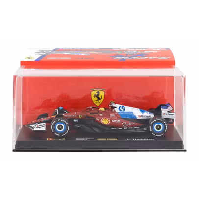 Macheta Formula 1 Ferrari SF-25 Team Scuderia Ferrari HP No.44 Miami GP 2025 Lewis Hamilton Red White Blue 1:43 Burago cu pilot si vitrina