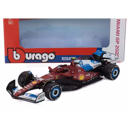 Macheta Formula 1 Ferrari SF-25 Team Scuderia Ferrari HP No.44 Miami GP 2025 Lewis Hamilton Red White Blue 1:43 Burago cu pilot si vitrina