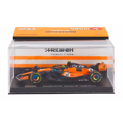 Macheta Formula 1 McLaren MCL39 Team McLaren No.4 World Champion Winner Monaco GP 2025 Lando Norris Orange Black cu pilot si vitrina 1:43 Burago