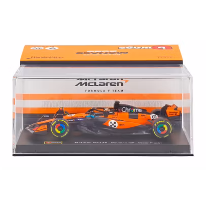 Macheta Formula 1 McLaren MCL39 Team McLaren No.4 World Champion Winner Monaco GP 2025 Lando Norris Orange Black cu pilot si vitrina 1:43 Burago