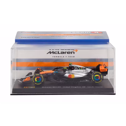 Macheta Formula 1 McLaren MCL39 Team McLaren No.4 World Champion Winner British GP Silverstone 2025 Lando Norris Orange Chrome Black cu pilot si vitrina 1:43 Burago
