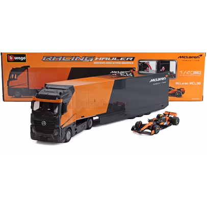 Macheta Mercedes-Benz Actros 2 GigaSpace Transportor Auto cu McLaren MCL38 No.4 Season 2024 Lando Norris Black Orange 1:43 Burago