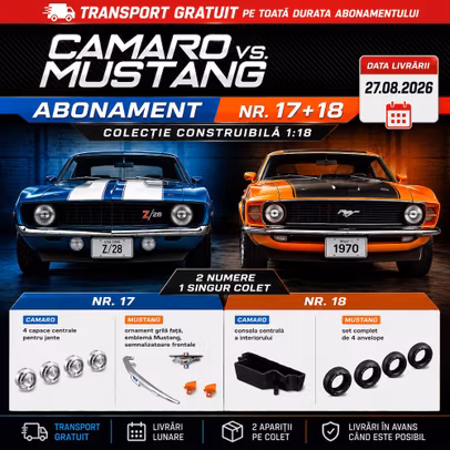 Abonament Camaro vs Mustang Nr 17 18 colectie construibila 1:18 consola Camaro si anvelope Mustang