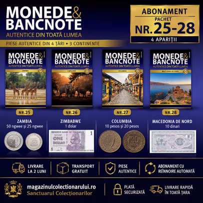 Abonament Monede si Bancnote Autentice din Toata Lumea Pachet Nr.25-28 Zambia Zimbabwe Columbia Macedonia de Nord