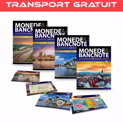abonament Monede si Bancnote Autentice din Toata Lumea Pachet Nr.21-24 cu monede si bancnote din Filipine, Regatul Unit, Jamaica si Romania