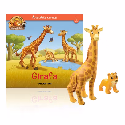 Revista Animale din Sălbăticie Nr. 1 Girafa – revistă educativă pentru copii cu figurine Girafă și pui de leu De Agostini

