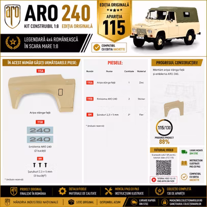 ARO 240 Nr.115 Editia Originala aripa stanga fata si emblema ARO 240 compatibil Hachette 1:8