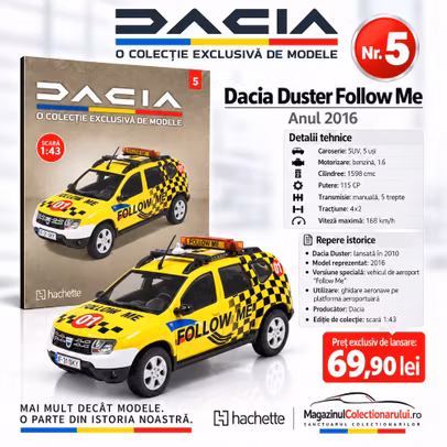 Dacia Duster Follow Me 2016 galben - Colectia Dacia Nr.5 - macheta 1:43 Hachette - prezentare