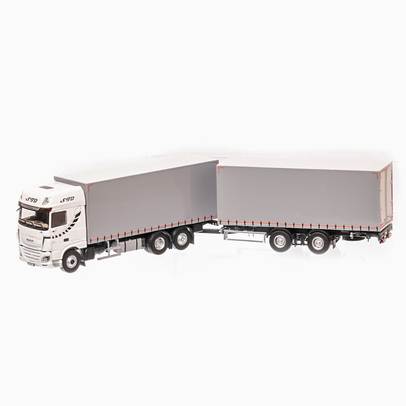 DAF XF480 Transport STB 2017, macheta camion cu remorca prelata scara 1:43, alb cu gri, Eligor