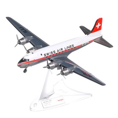 Douglas DC-4 Swiss Air Lines Unterwalden 1960, macheta avion scara 1:200, alb cu rosu, Herpa