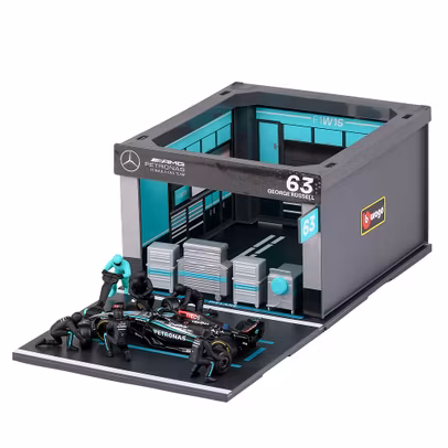 Macheta Mercedes F1 W14 EQ Diorama Pit-Stop Team AMG 2023 George Russell 1:43 Bburago