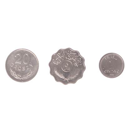 Monede si Bancnote de pe Glob Nr.220 - 1 centavo, 5 fils, 20 de grosi