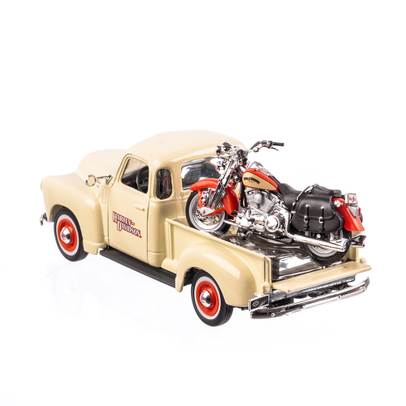 Chevrolet 3100 1950 cu motocicleta H-DFLSTS Her Springer 2001, macheta auto scara 1:24, crem, window box, Maisto-5