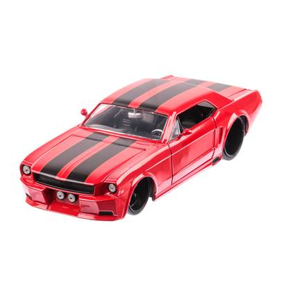Ford Mustang 1965 cu plafon metalic, macheta auto scara 1:24, rosu metalizat cu dungi negre, window box, Jada Toys