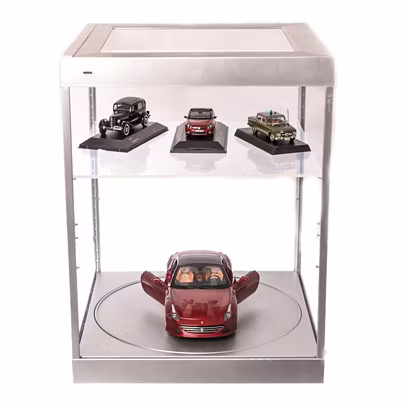 Vitrina argintie LED cu platforma rotativa pt expunere machete scara 1:18
