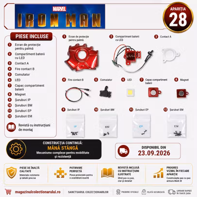 Iron Man Armura Mark III Nr.28 DeAgostini - piese palma stanga, compartiment baterii si sistem LED