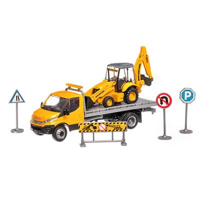 Iveco Daily platforma cu excavator New Holland B110C, scara 1:43, galben, New Ray