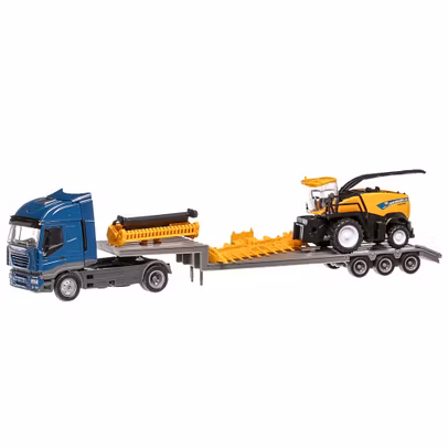 Iveco Stralis cu platforma si Combina New Hollander FR920, scara 1:43, albastru, New Ray