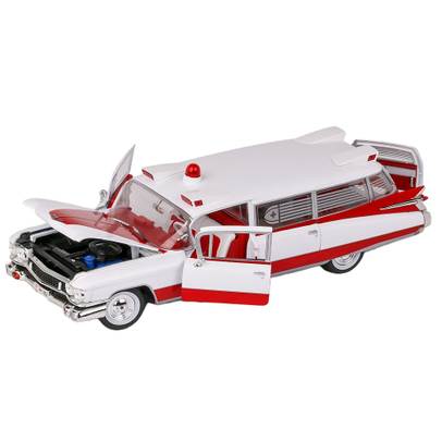 Macheta auto Cadillac Eldorado Ambulance 1959 rosu cu alb 1:18