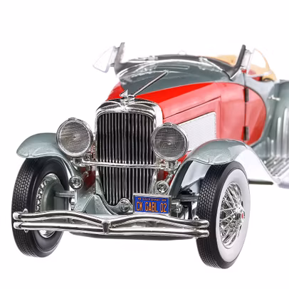 Macheta auto Duesenberg SSJ 1935, scara 1:18, argintiu metalizat cu rosu, Auto World