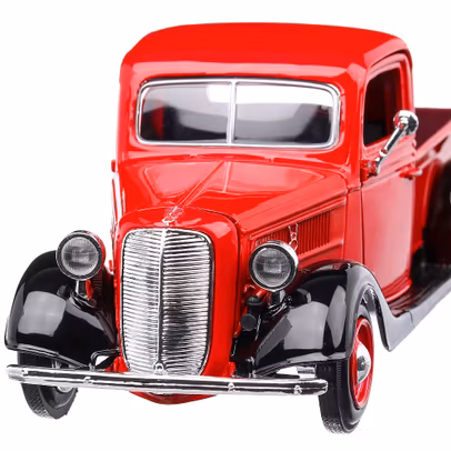 Macheta auto Ford Pick-Up 1937 rosu cu negru scara 1:24 Motor Max - vedere 3/4 stanga fata partial