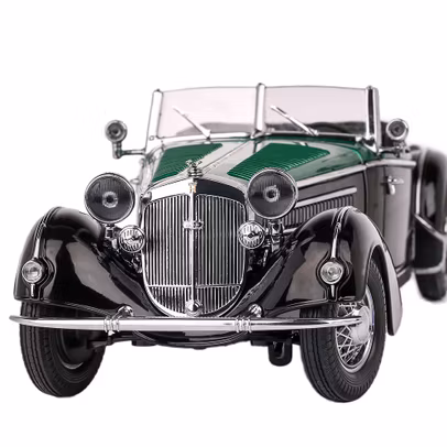 Machetă Horch 855 Roadster 1939 negru cu verde, scara 1:18 – SunStar diecast mașină de epocă - vedere din fata close up
