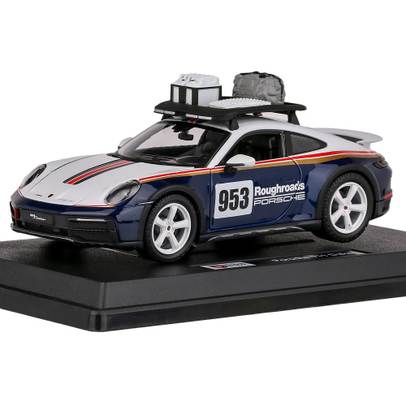 Macheta auto Porsche 911 (992) Dakar Rally 2023 alb cu albastru 1:24