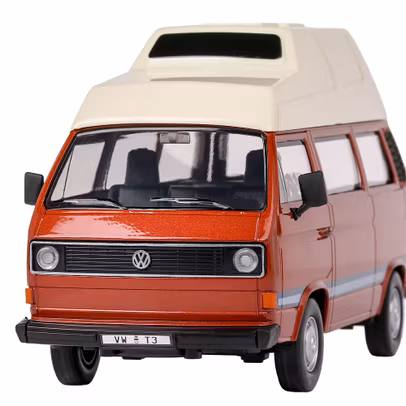 Machetă Volkswagen T3 Camper 1980 maro – MotorMax 1:24 - vedere 3/4 stanga fata close up