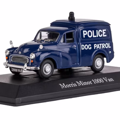 Macheta autospeciala Morris Minor 1000 Van Politia Britanica 1969 albastru 1:43