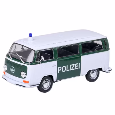 Macheta Volkswagen Bus T2 Polizei 1972 Alb Verde 1:24 Welly - vedere 3/4 stanga fata