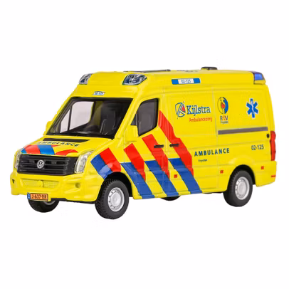 Macheta autospeciala Volkswagen Crafter Ambulance galben cu rosu 1:50 Bburago