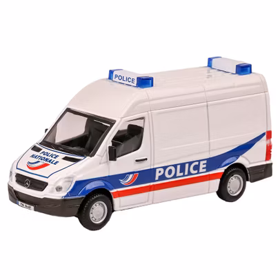 Macheta Mercedes-Benz Sprinter Police Nationale 2017 – scara 1:50 die-cast alb – Bburago - vedere 3/4 stanga fata 
