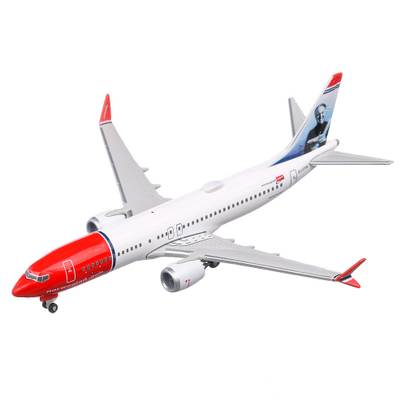 Macheta avion Boeing 737 Max 8 Norwegian Air Shuttle Sir Freddie Laker, scara 1:500, alb cu rosu, Herpa