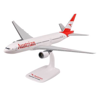 Machetă avion Boeing 777-200ER Austrian Airlines 1:200 – PPC, OE-LPA - vedere 3/4 stanga fata pe suport