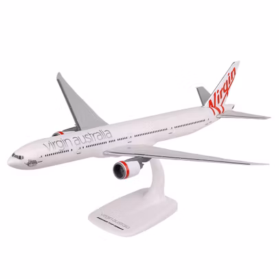 Macheta avion Boeing 777-300ER Virgin Australia 1:200 - vedere 3/4 stanga fata, pe suport