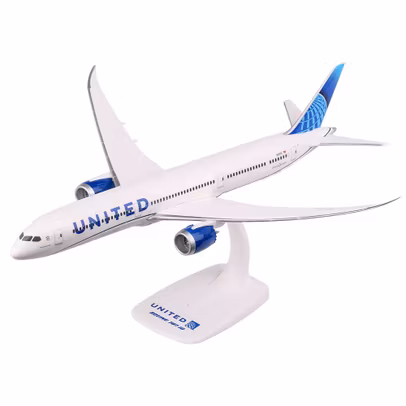 Macheta avion Boeing 787-10 Dreamliner United Airlines 1:200 - vedere 3/4 stanga fata, pe suport