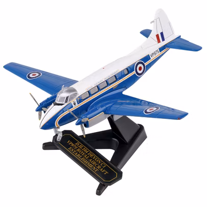 Macheta avion De Havilland DH.104 Devon VP975 - Royal Aircraft Establishment - scara 1:72, Oxford - vedere 3/4 stanga fata pe suport