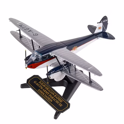 Macheta avion De Havilland DH.89 Dragon Rapide G-AGTM - Army Parachute Association - scara 1:72, Oxford Diecast - vedere 3/4 stanga fata pe suport