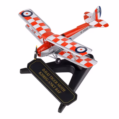 Macheta Avion de Havilland Tiger Moth DH82A RAF K2585 1:72 Oxford - vedere 3/4 stanga fata pe suport