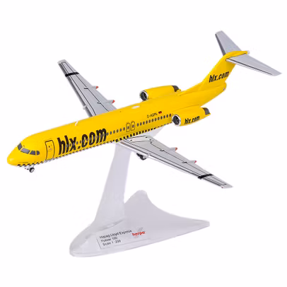Macheta avion Fokker 100 Hapag-Lloyd Express 1:200 Herpa Wings - vedere 3/4 stanga fata pe suport